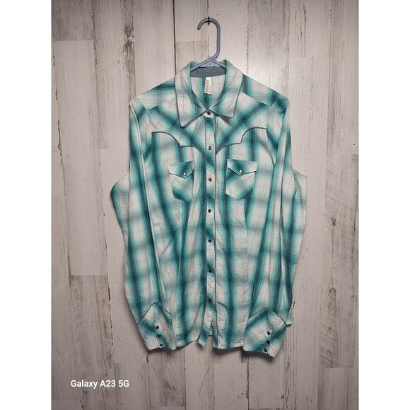 Roper Western Shirt Women’s Size Large Teal/Gray/White Pearl Snap, Front Pockets - Picture 1 of 7